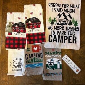 Camping Themed decor lot with 7 items Towels sign flag